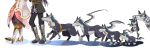  1girl age_progression boots coat dog estellise_sidos_heurassein head_out_of_frame highres juria0801 lambert pants repede tales_of_(series) tales_of_vesperia white_background yuri_lowell 