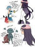  akemi_homura angry artist_request blue_eyes blue_hair cape directional_arrow english hair_ribbon long_hair magical_girl mahou_shoujo_madoka_magica miki_sayaka multiple_girls object_on_head panties panties_on_head ponytail ribbon sakura_kyouko short_hair source_request sword thighhighs tribute underwear weapon 