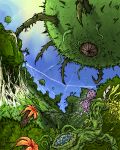  claws fisheye forest hothouse_(novel) levitation lowres monster nature no_humans plant plant_request science_fiction sharp_teeth sky spider_web teeth tentacle tentacles traverser vines web 