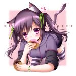  all_fours animal_ears black_hair blush bracelet cat_ears cat_tail doughnut eating fang food hair_ribbon holding jewelry looking_at_viewer original pink_eyes purple_eyes ribbon shitou short_hair sleeves_pushed_up solo striped striped_legwear tail thigh-highs thighhighs twintails violet_eyes 