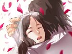  1girl brown_hair couple hug husband_and_wife kaburagi_t_kotetsu kaburagi_tomoe long_hair mugentansan petals tiger_&amp;_bunny veil wedding 