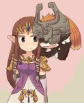  blue_eyes brown_hair floating gloves helmet imp long_hair midna multiple_girls pointy_ears princess_zelda smile the_legend_of_zelda tsutsuji twilight_princess 