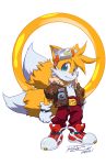  1boy 2012 animal_ears belt blonde_hair blue_eyes character_name child clenched_hand dated furry gloves goggles goggles_on_head jacket jewelry looking_at_viewer male miles_prower multiple_tails parody rat_rage ring robaato signature smile solo sonic_the_hedgehog standing style_parody tail 