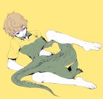  animal barefoot brown_hair character_request flat_color iguana_(animal) male shiro_(reptil) shirt_lift short_hair simple_background solo tennis_no_ouji-sama 