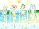  beach bikini blonde_hair blue_hair green_hair gumi hatsune_miku kagamine_len kagamine_rin sakakidani swimsuit twintails vocaloid 