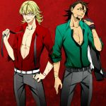  barnaby_brooks_jr blonde_hair brown_eyes brown_hair cuts facial_hair glasses green_eyes injury isezin kaburagi_t_kotetsu multiple_boys open_clothes open_shirt stubble tiger_&amp;_bunny watch wristwatch 