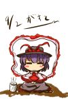  :3 =_= capelet cup gastkrake gasuto_(kamikami) hat nagae_iku purple_hair ribbon shawl short_hair sitting smile solo touhou 