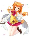  :d animal_ears bow candy cape clipboard dog_days dog_ears dog_tail highres holding jelly_bean juna legs_up long_hair open_mouth orange_hair ricotta_elmar school_uniform simple_background skirt smile solo sweater tail white_background yellow_eyes 