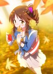  autumn_leaves blurry blush bracelet brown_eyes brown_hair camera depth_of_field drill_hair gochou_(comedia80) hair_ornament holding idolmaster jewelry leaf looking_at_viewer necklace open_mouth payot school_uniform shimamura_uzuki solo striped takamori_aiko 