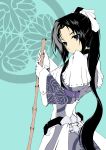  android black_hair blue_eyes bodysuit broom female gloves highres kyoukai_senjou_no_horizon long_hair maid musashi_(horizon) ponytail solo sousuke3 