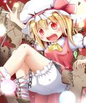  arm_up ascot blonde_hair bloomers blush chain cross fang flandre_scarlet glowing hat hat_ribbon highres lights makuran open_mouth red_eyes ribbon shirt side_ponytail skirt skirt_set slit_pupils solo touhou upskirt wings 