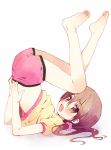  :d barefoot blush brown_eyes brown_hair feet meito_(maze) open_mouth original shorts simple_background smile soles solo toes twintails upside-down white_background 