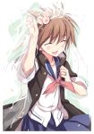  blush bridal_veil brown_hair closed_eyes eguchi_sera eyes_closed jacket jewelry odawara_hakone ring saki saki_achiga-hen school_uniform serafuku short_hair sleeves_rolled_up smile solo veil wedding_ring 