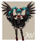  black_wings green_eyes green_hair hatsune_miku kanipanda long_hair looking_at_viewer pointy_ears simple_background solo thigh-highs thighhighs vocaloid wings 