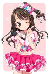  ;) brown_eyes brown_hair flower hair_flower hair_ornament hair_ribbon head_tilt heart idolmaster idolmaster_cinderella_girls index_finger_raised long_hair looking_at_viewer microphone midriff navel one_side_up pentagon raised_finger ribbon shimamura_uzuki shirt skirt smile solo wink 