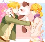  1girl blonde_hair blue_eyes brother_and_sister kagamine_len kagamine_rin short_hair siblings smile stuffed_animal stuffed_toy twins twintails vocaloid 
