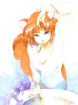  animal_ears arm_up blue_eyes breasts brown_hair cleavage highres hirokazu mouth_hold original solo squirrel_ears squirrel_tail tail toothbrush v-neck 