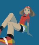  bandana bandanna bare_legs bike_shorts blue_background blue_eyes brown_hair drawr haruka_(pokemon) mimizubare pokemon pokemon_(game) pokemon_rse sitting solo 