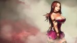  bare_shoulders belt breast_lift breasts brown_hair bullet bullet_in_mouth caitlyn_(league_of_legends) cleavage cuffs fingerless_gloves forehead fuzzy_handcuffs gloves handcuffs highres instant-ip large_breasts league_of_legends long_hair mouth_hold red_eyes single_glove skirt solo widescreen 