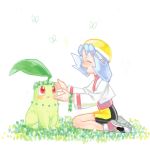  1girl bangs bike_shorts blue_hair blush butterfly chikorita closed_eyes crystal_(pokemon) flower grass mimizubare pokemon pokemon_(creature) pokemon_(game) pokemon_gsc red_eyes sitting twintails 