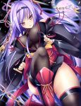  breasts chain chains female fishnets hair_ornament japanese_clothes kimono knife kunai large_breasts leg_lift long_hair mikan_(5555) mound_of_venus ninja ninjatou purple_hair sengoku_taisen sengoku_taisen_illustration_contest_3 solo standing thigh-highs thighhighs thighs weapon 