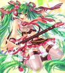  ahoge bass_guitar belt green_eyes green_hair guitar hair_ribbon hatsune_miku headset highres instrument kneeling long_hair looking_at_viewer maple midriff necktie outstretched_arms revision ribbon skirt solo spread_arms thigh-highs thighhighs twintails very_long_hair vocaloid 