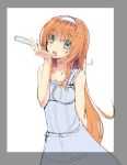  arm_behind_back border collarbone copyright_request dress hair_ornament hairclip holding licking long_hair looking_at_viewer orange_hair popsicle sketch solo tongue uttt 