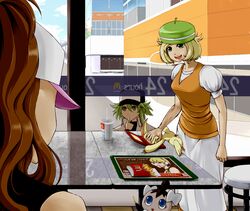  1boy 2girls bad_id baseball_cap bel_(pokemon) blonde_hair blood brown_hair cameo character_request city drink erukin_masa female finger_to_mouth food french_fries gothita green_eyes green_hair hat head_grab kamitsure_(pokemon) kamitsure_(pokemon)_(cameo) long_hair male mcdonald&#039;s multiple_girls n_(pokemon) nikawa_99-do nintendo_ds open_mouth pokemon pokemon_(game) pokemon_bw short_hair smile street teeth touko_(pokemon) veins victini window 