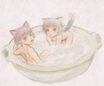  animal_ears bathing blush brown_hair cat_ears cat_tail chen extra_ears hair_rings kaenbyou_rin multiple_girls multiple_tails nabe neko_nabe nude open_mouth red_eyes red_hair redhead saraband tail touhou tub 