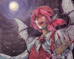  alternate_eye_color animal_ears brooch claws colored_pencil_(medium) eyelashes fangs feathered_wings fingernails full_moon hat jewelry long_fingernails moon moonlight mystia_lorelei night open_mouth pink_hair short_hair singing solo takt. tears teeth touhou traditional_media wings yellow_eyes 