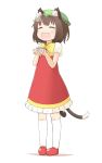  :d ^_^ animal_ears blush bow brown_hair cat_ears chen child closed_eyes dress eyes_closed hat holding kneehighs multiple_tails nakashino_setsu open_mouth short_hair smile solo standing tail touhou white_background white_legwear 