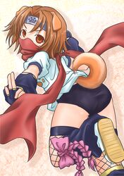  animal_ears arcana_heart brown_eyes brown_hair buruma dog_ears dog_tail fingerless_gloves forehead_protector gloves highres konoha_(arcana) leg_warmers mask ninja scarf sepia_background short_hair solo tail takanoru 