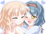  :t ^_^ blonde_hair blue_hair blush bust cheek_press cheek_rub closed_eyes furutani_himawari hairband hug kagerou_(kers) long_hair multiple_girls oomuro_sakurako short_hair smile wink yellow_eyes yuri yuru_yuri 