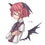  alternate_hair_length alternate_hairstyle arm_grab arm_strap bat_wings bespectacled character_name glasses jpeg_artifacts koakuma low_wings necktie nu_ma red_hair redhead short_hair solo touhou wings 