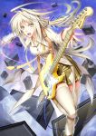  blonde_hair guitar hair_ribbon instrument jewelry long_hair looking_at_viewer open_mouth original pleated_skirt plectrum ponytail ribbon skirt solo speaker stratocaster thigh-highs thighhighs white_legwear yellow_eyes 