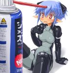  blue_hair bodysuit breasts busou_shinki can compressed_air dd_(artist) doll_joints pink_eyes pointy_ears short_hair simple_background solo strarf wavy_mouth 