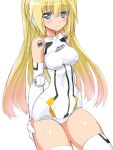  arnval bare_shoulders blonde_hair blue_eyes bodysuit breasts busou_shinki dd_(artist) doll_joints elbow_gloves gloves light_smile long_hair simple_background solo thigh-highs thighhighs thighs white_background white_gloves white_legwear 