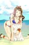  america american_flag_bikini beach bikini bow bracelet breast_rest breasts breasts_on_head brown_eyes brown_hair cleavage flag_print flower hair_bow jewelry kneeling large_breasts omix open_mouth original partially_submerged pendant polar_bear sandals side-tie_bikini swimsuit 