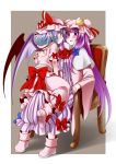  backless_outfit bat_wings blue_hair blush bow capelet chair crescent dress eichi_yuu embellished_costume hair_bow hat hat_ribbon long_hair long_sleeves multiple_girls open_clothes open_coat open_mouth patchouli_knowledge pointy_ears puffy_sleeves purple_eyes purple_hair red_eyes remilia_scarlet ribbon shirt short_hair short_sleeves sitting sitting_on_person skirt skirt_set striped striped_dress touhou very_long_hair violet_eyes wide_sleeves wings yuri 