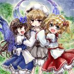  black_hair blonde_hair bloomers blush bow brown_eyes brown_hair drill_hair fairy_wings green_eyes hair_bow hand_holding holding_hands luna_child multiple_girls nanashii_(soregasisan) red_eyes star_sapphire sunny_milk touhou twintails wings 