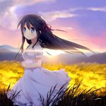  black_hair blue_eyes dress grass long_hair original smile solo standing suimya sunlight white_dress wind 