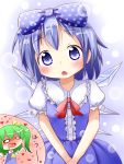  blood blue_eyes blue_hair blush bow cirno daiyousei dress fang green_hair hair_bow heart highres makuran multiple_girls nosebleed polka_dot short_hair touhou wings 