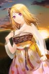  bare_shoulders blonde_hair breasts chinese_clothes cleavage collarbone dress flower hanfu holding long_hair lowres outdoors parted_bangs pink_eyes ribbon rose_pacifica smile strapless sunset sword_girls tyuhus 