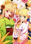  absurdres ahoge antenna_hair arcueid_brunestud blonde_hair bow company_connection fate/stay_night fate_(series) flower food green_eyes hair_bow hair_flower hair_ornament highres japanese_clothes kimono looking_at_viewer mouth_hold multiple_girls obi red_eyes saber scan short_hair smile takeuchi_takashi tsukihime 