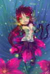  1girl bare_shoulders brandi breasts chibi claws earrings extra_ears fang flower glowing green_eyes jewelry leaf league_of_legends long_hair monster_girl navel necklace open_mouth red_hair redhead sitting solo thorns very_long_hair vines zyra 