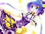  aoki_lapis blue_eyes blue_hair dress flower gloves highres long_hair open_mouth oumi_sanaka petals purple_dress rose smile solo twintails very_long_hair vocaloid yellow_rose 