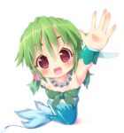  1girl blush collarbone green_hair jewelry long_hair mermaid monster_girl muromi-san namiuchigiwa_no_muromi-san necklace open_mouth pearl ramble red_eyes short_twintails solo twintails white_background 