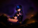  armor blue_eyes blue_hair blush breasts bustier choker cleavage earrings hair_over_one_eye jewelry large_breasts league_of_legends leg_armor long_hair lying midriff missingfish navel pauldrons sivir solo 