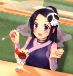  :d bare_shoulders black_hair blush ce11wa cherry detached_sleeves elsea_de_lute_irma food fruit hair_ornament holding holding_spoon ice_cream kami_nomi_zo_shiru_sekai long_hair open_mouth pudding purple_eyes shawl sitting skull_hair_ornament smile spoon strawberry violet_eyes 