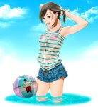  1girl adjusting_hair ball beachball bikini black_eyes black_hair casual cloud clouds highres navel original pao_(otomogohan) reflection see-through short_hair sky swimsuit swimsuit_under_clothes wading wet wet_clothes 